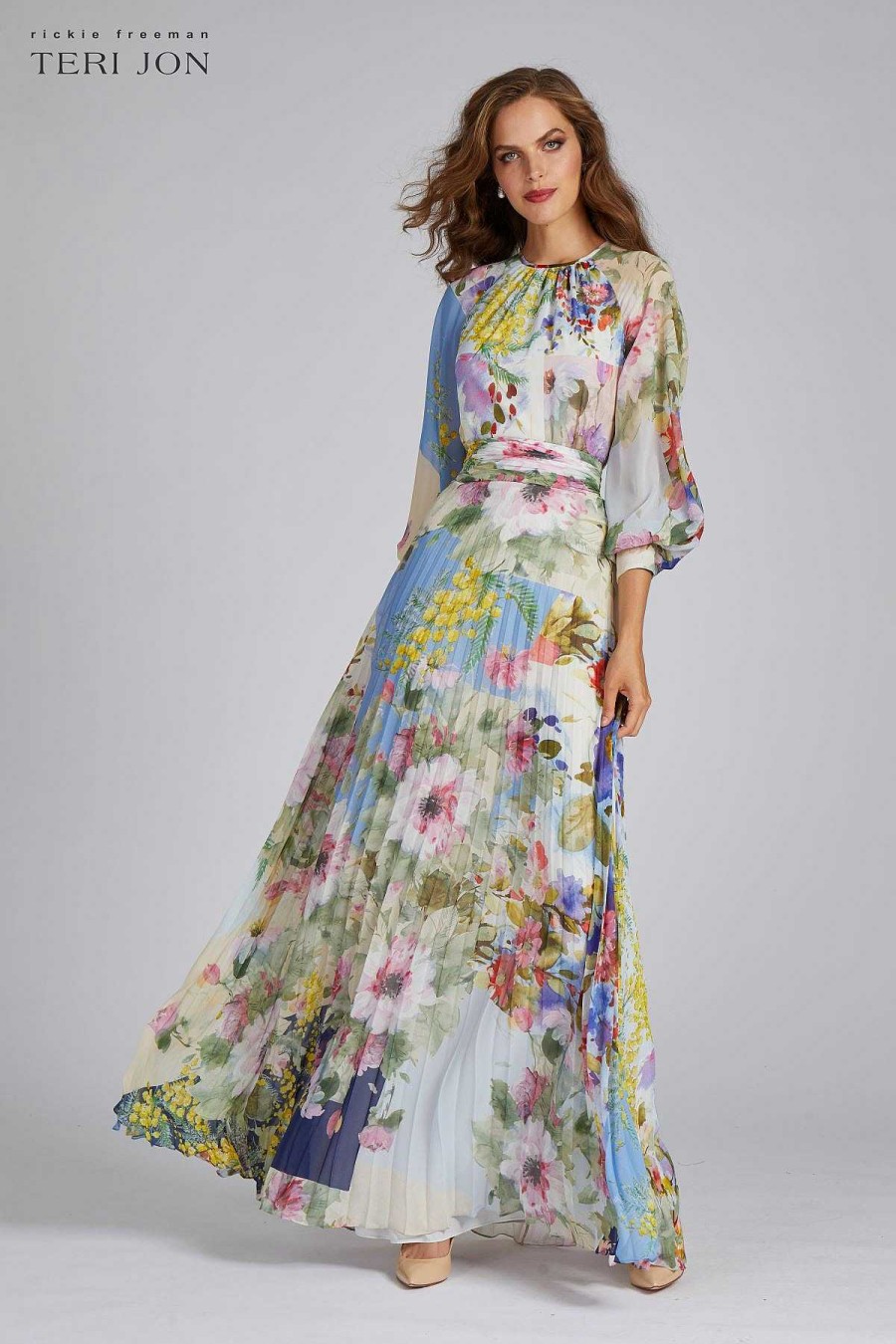 Clothing Teri Jon | Patchwork Print Pleated Chiffon Maxi Gown Multi