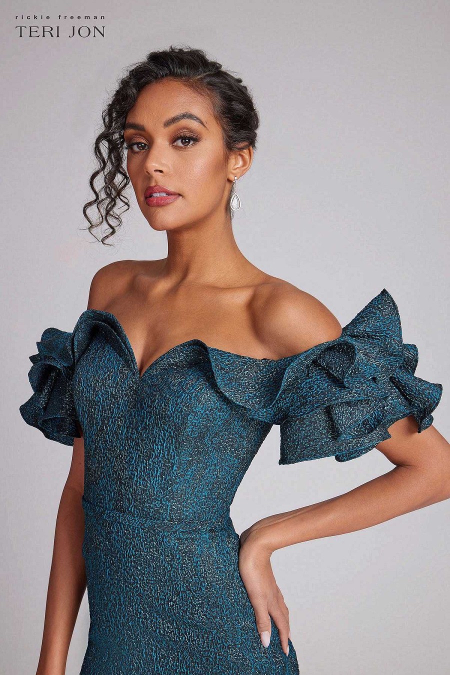 Clothing Teri Jon | Ruffle Off Shoulder Metallic Jacquard Gown Teal