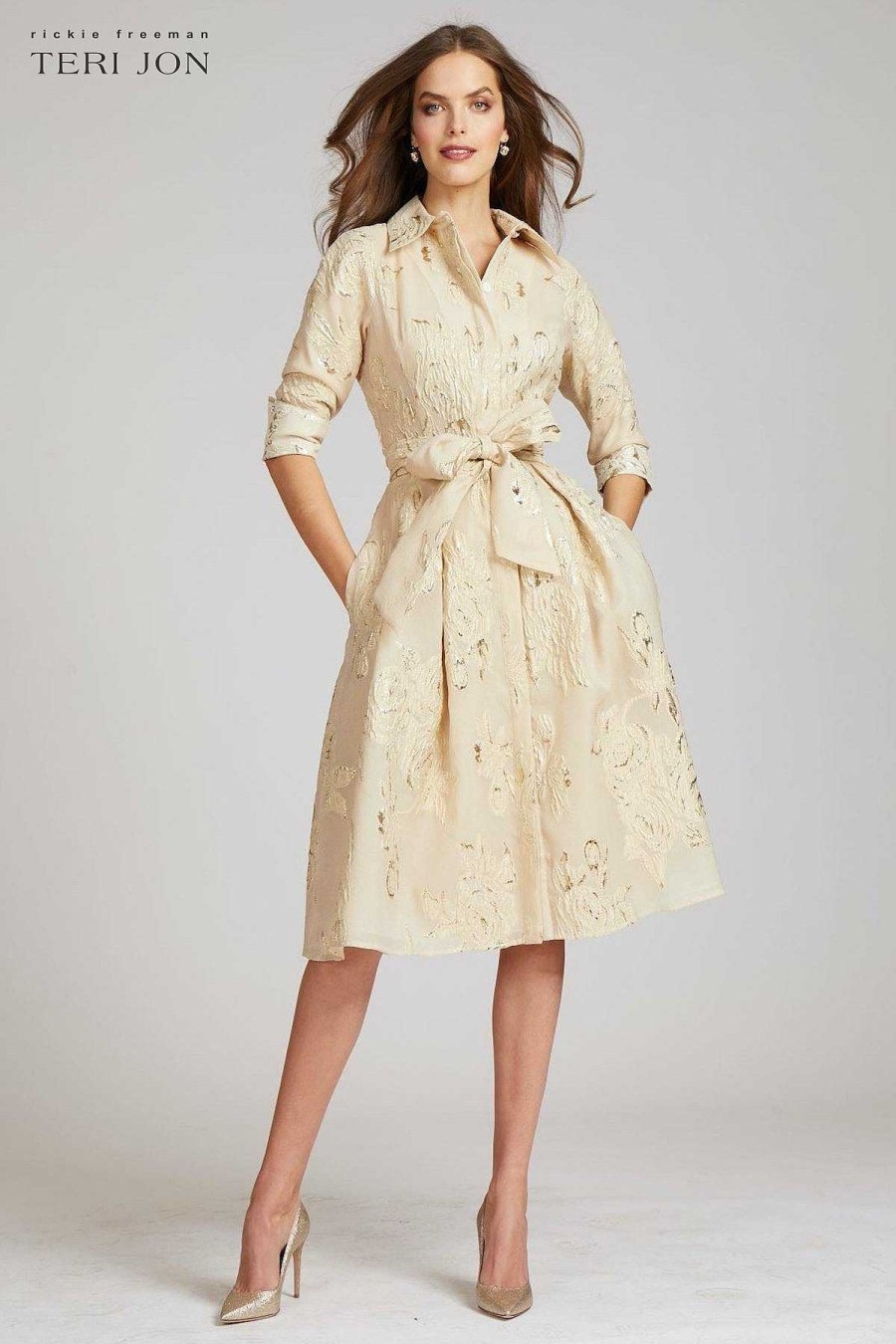 Clothing Teri Jon | Metallic Jacquard Shirt Dress With Floral Print