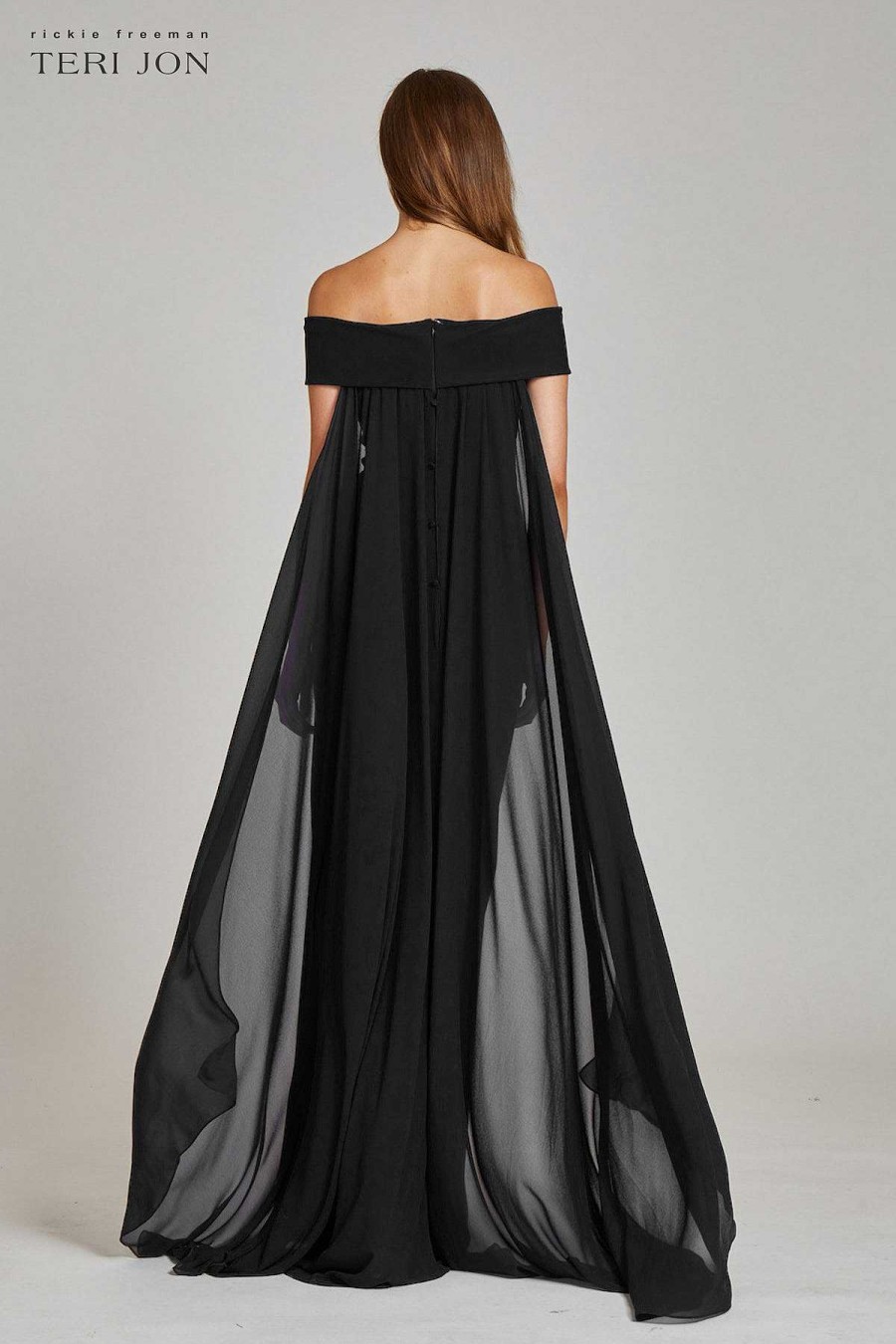 Clothing Teri Jon | Off Shoulder Scuba Gown With Chiffon Cascade Back Drape Black