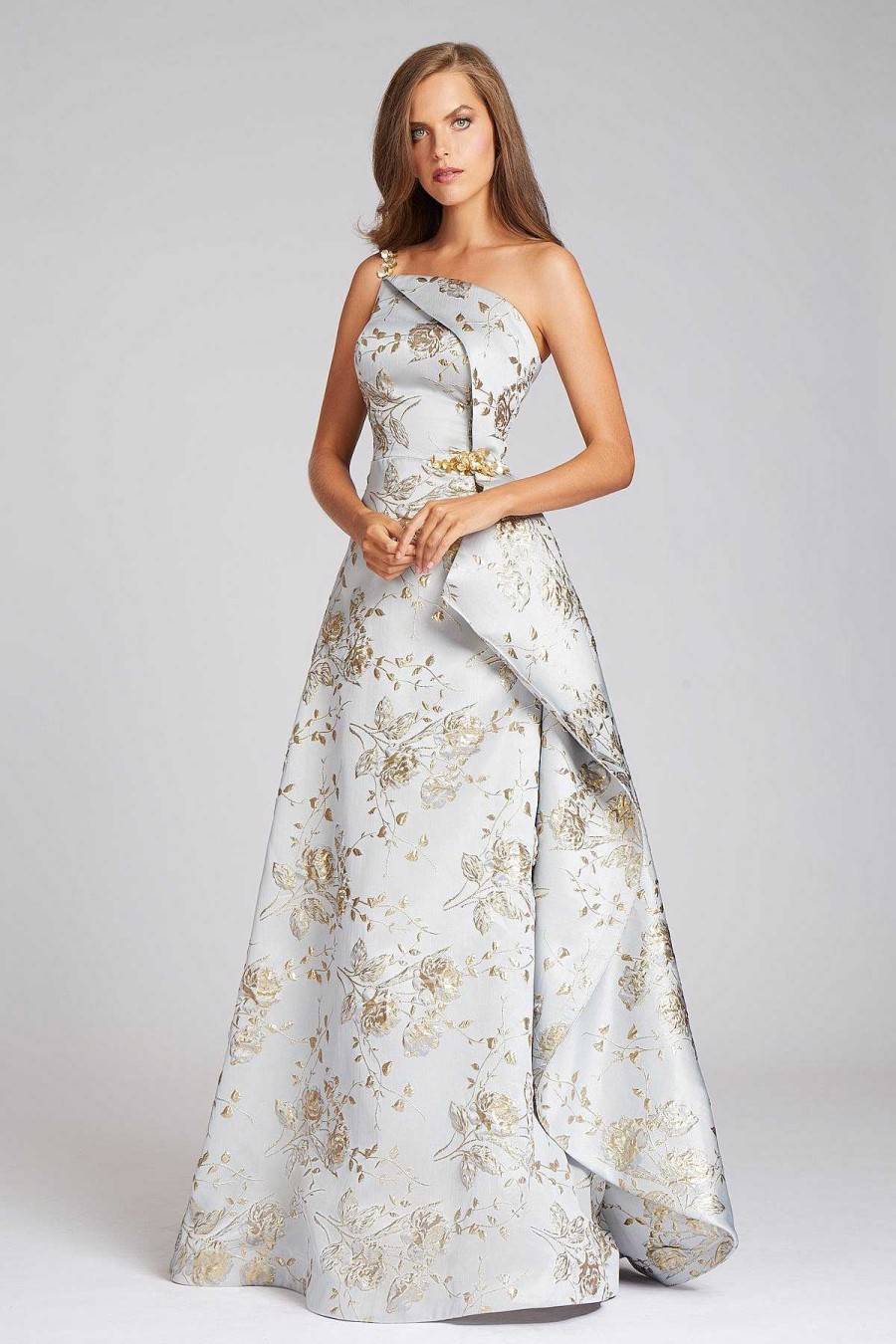 Clothing Teri Jon | Metallic Jacquard Beaded Gown Platinum Gold