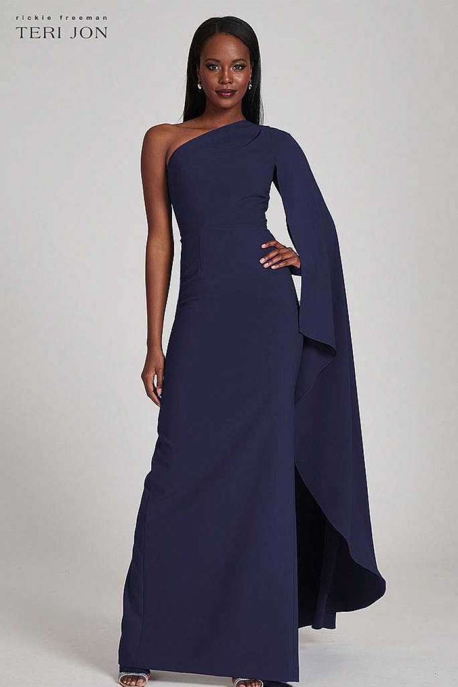 Clothing Teri Jon | Stretch Crepe Cape One Shoulder Sleeve Gown