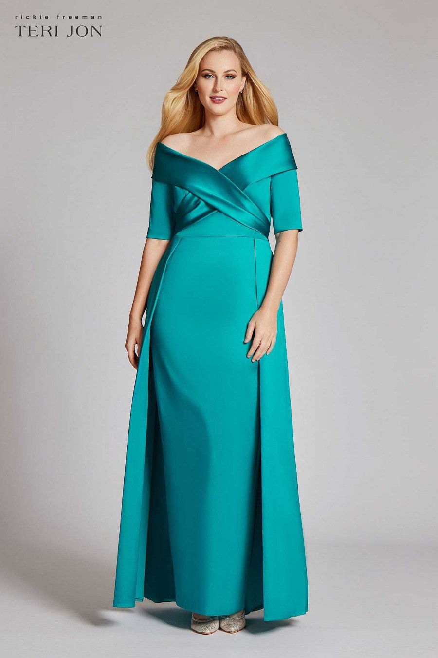 Clothing Teri Jon | Off Shoulder 3/4 Sleeve Gazar Gown Turquoise