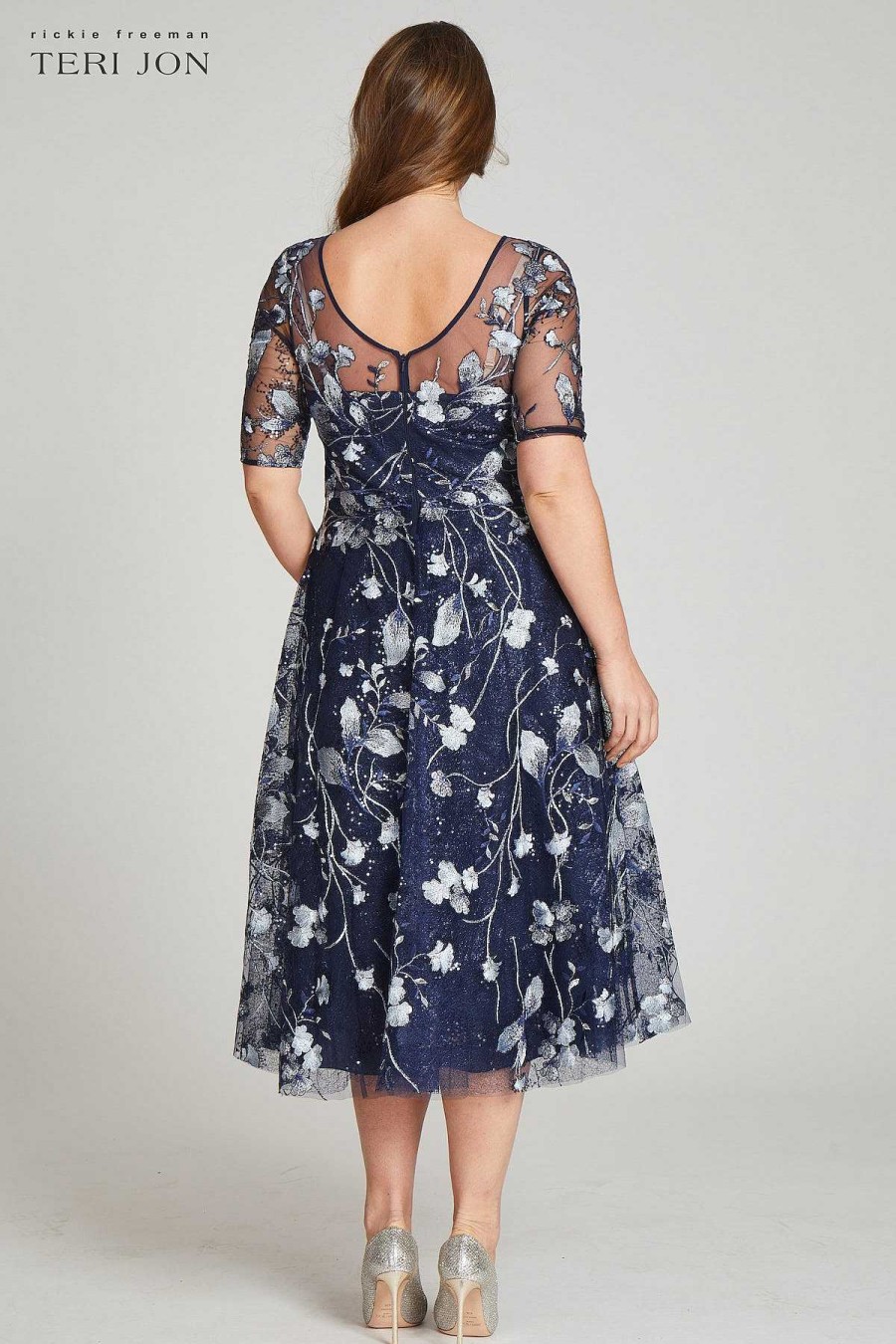 Clothing Teri Jon | Tea Length Embroidered Tulle Cocktail Dress Navy Multi