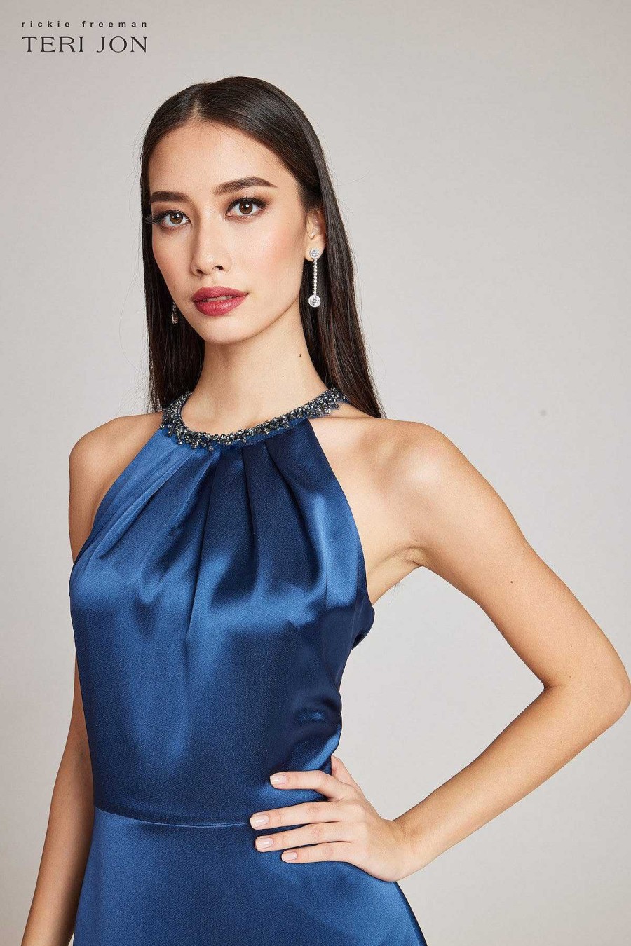 Clothing Teri Jon | Crepe Back Satin Jewel Neck Halter Gown French Blue