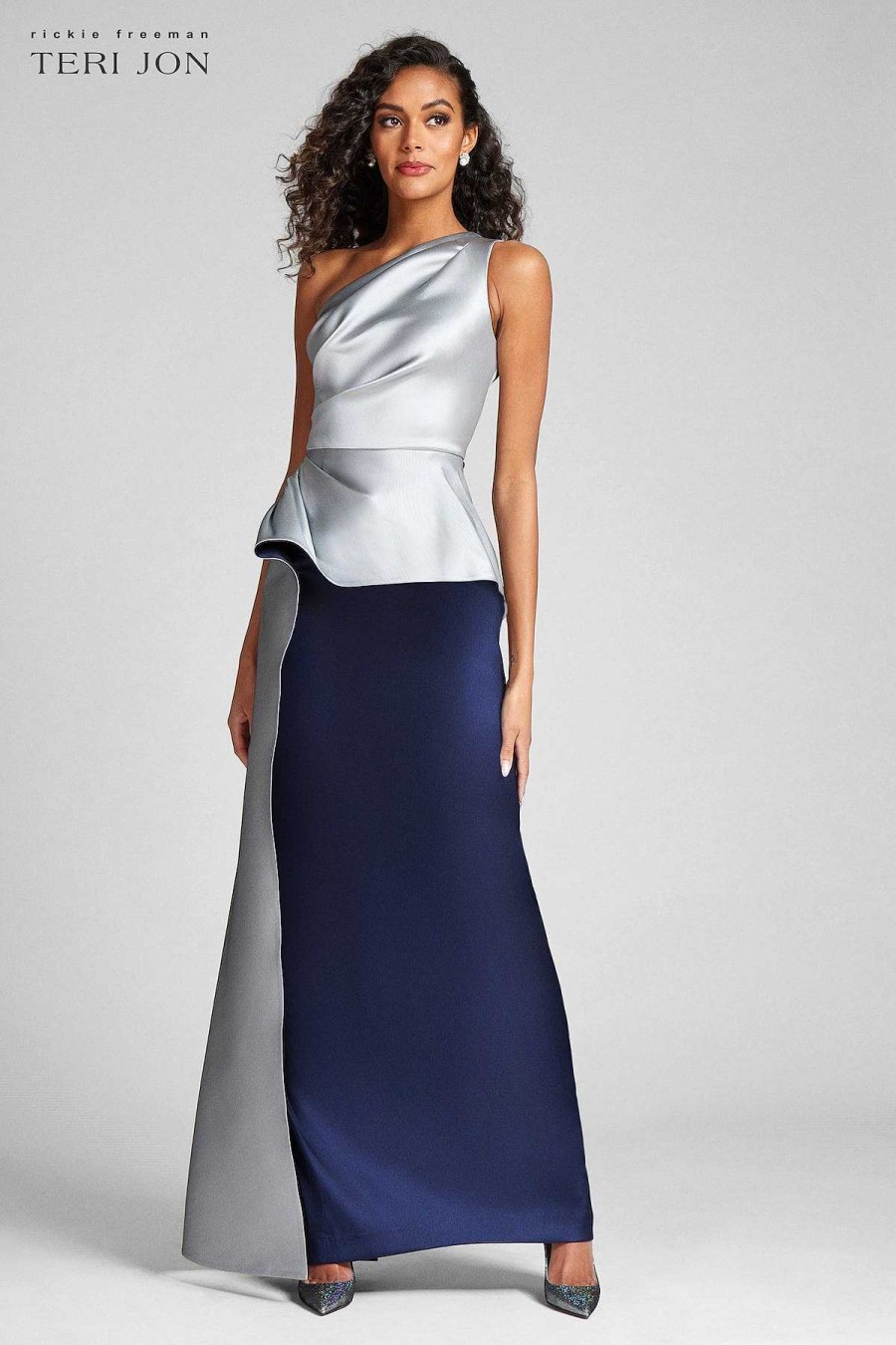 Clothing Teri Jon | One Shoulder Two Tone Gazar Peplum Gown Silver Navy