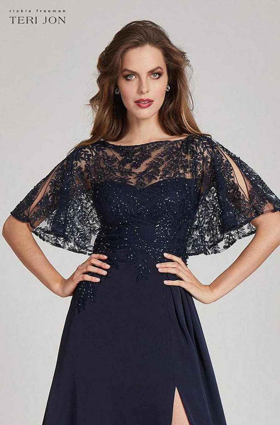 Clothing Teri Jon | Crepe Gown With Sheer Sequin Bodice Navy