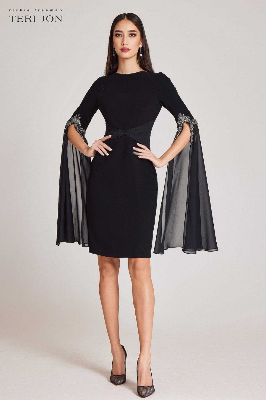 Clothing Teri Jon | Crepe Cocktail Dress With Chiffon Sleeves Black