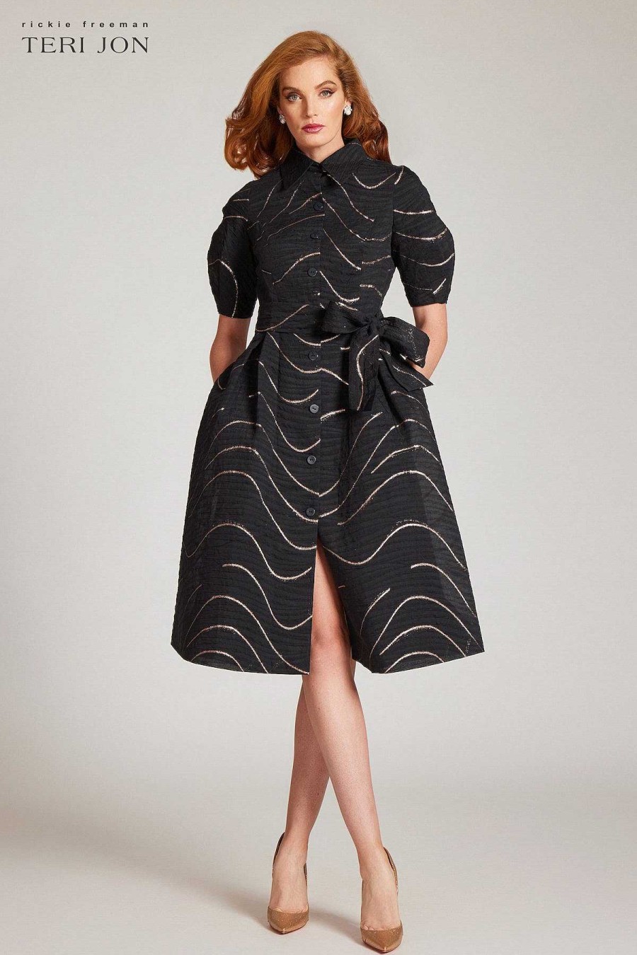 Clothing Teri Jon | Puff Sleeve Shirt Dress With Metallic Swirl Black Gold