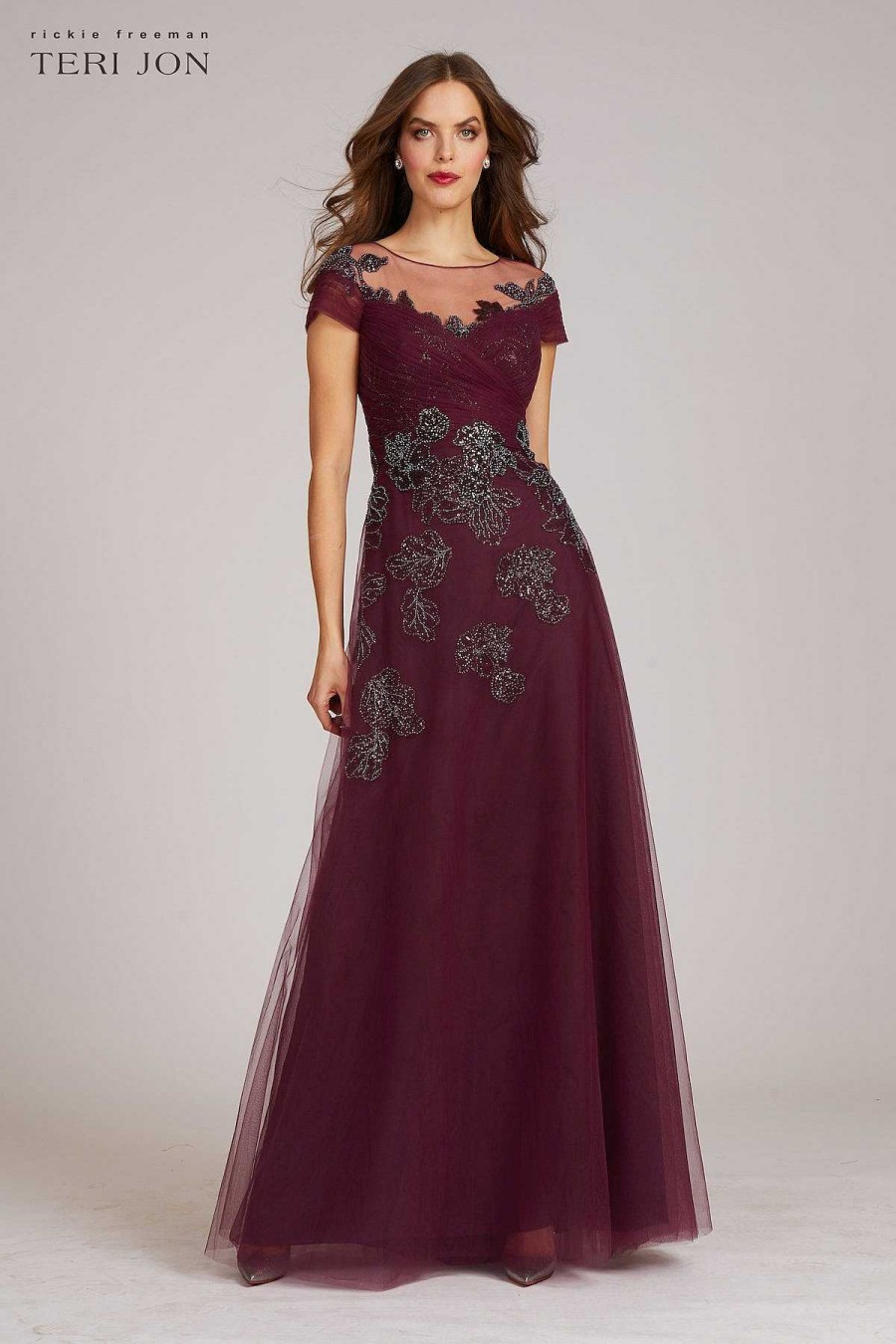 Clothing Teri Jon | Cap Sleeve Tulle Draped Bodice Beaded Applique Gown