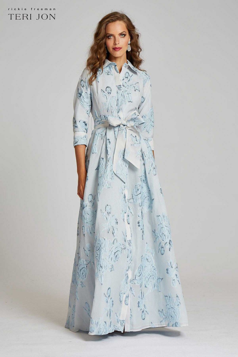 Clothing Teri Jon | Metallic Jacquard Shirtdress Gown With Floral Print