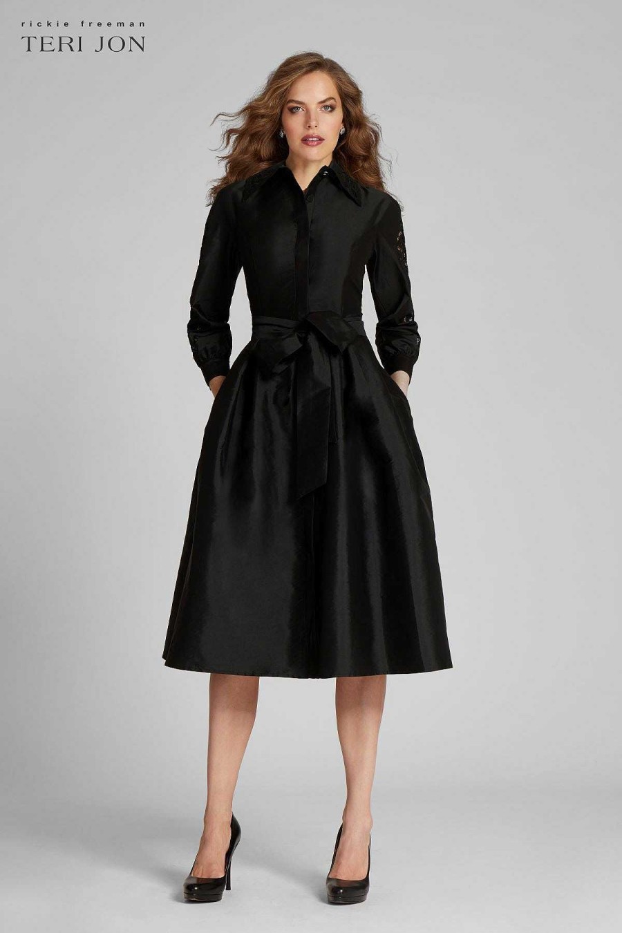 Clothing Teri Jon | Taffeta Eyelet Collar And Sleeve Shirt Dress