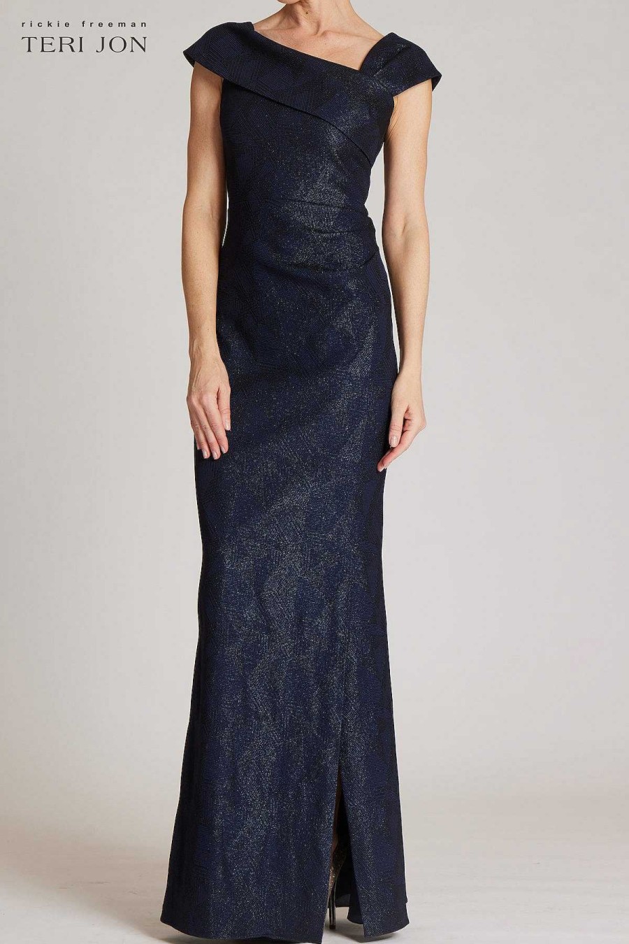 Clothing Teri Jon | Metallic Jacquard Asymmetrical Shoulder Gown