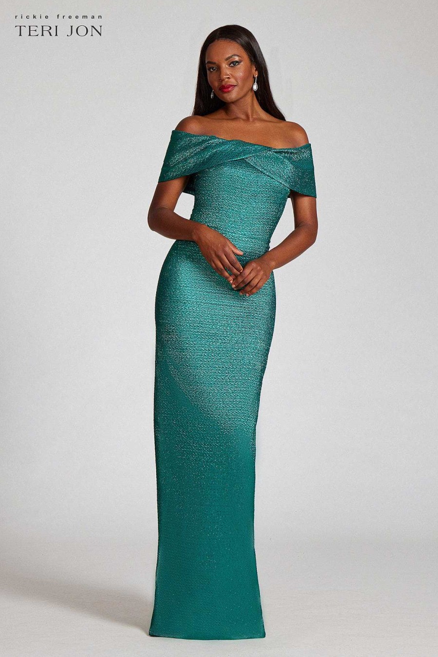 Clothing Teri Jon | Off Shoulder Cuff Metallic Gown Emerald