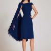 Clothing Teri Jon | Crepe Off Shoulder Portrait One Side Feather Dress Navy