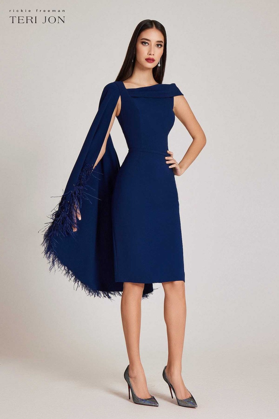 Clothing Teri Jon | Crepe Off Shoulder Portrait One Side Feather Dress Navy