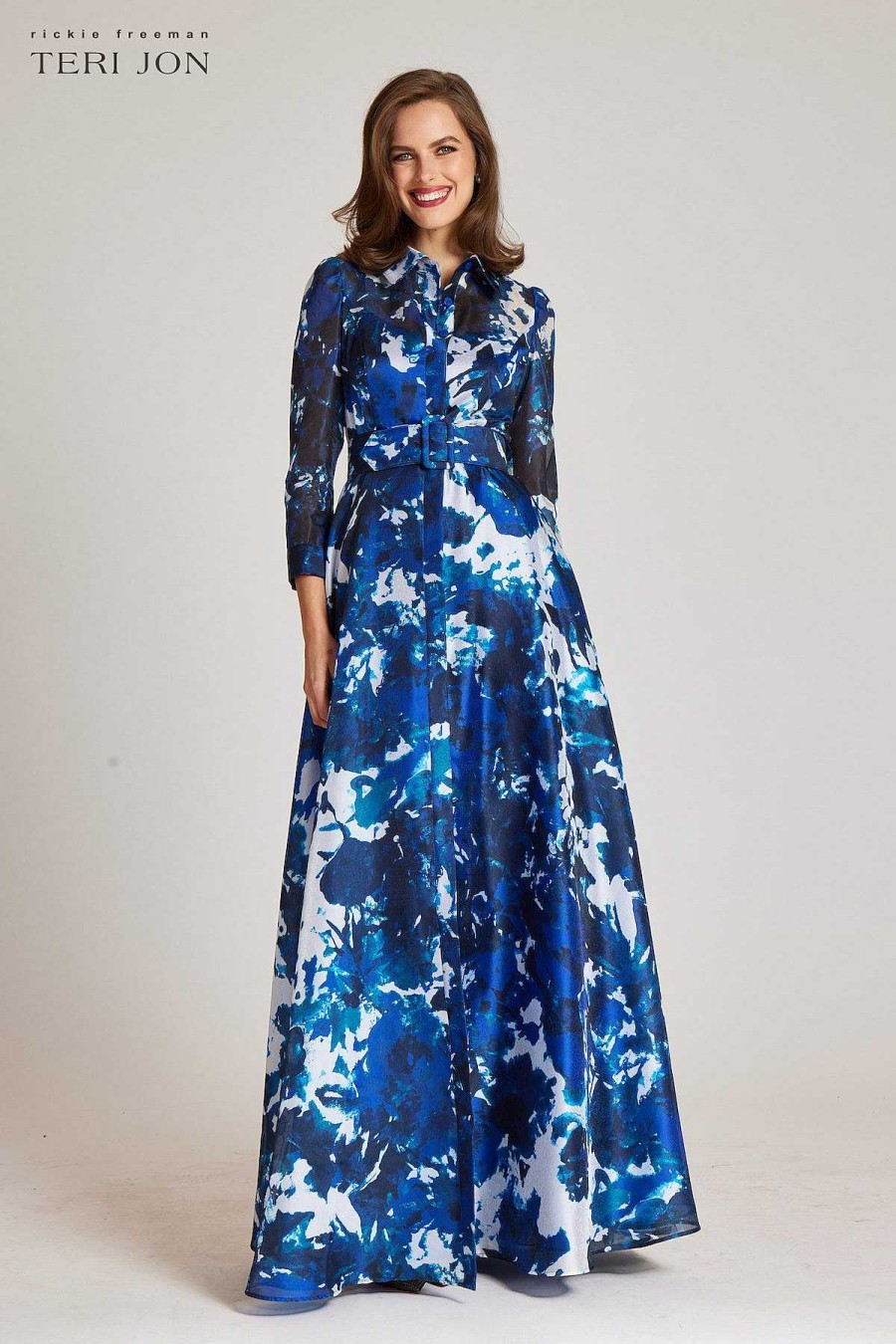 Clothing Teri Jon | Organza Floral Printed Shirt Gown Blue Multi