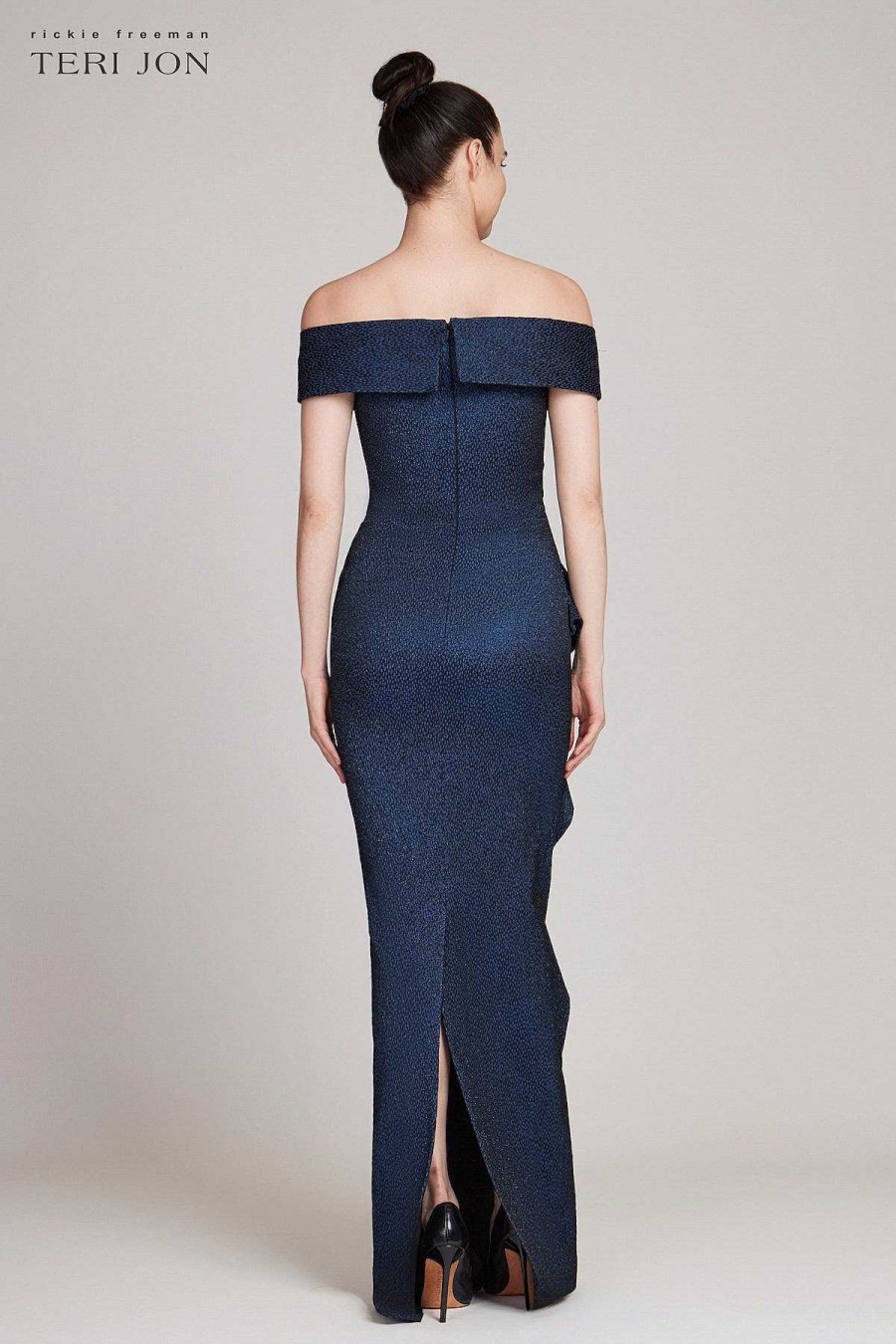 Clothing Teri Jon | Jacquard Off Shoulder Portrait Gown With Cascade Side Sapphire Black