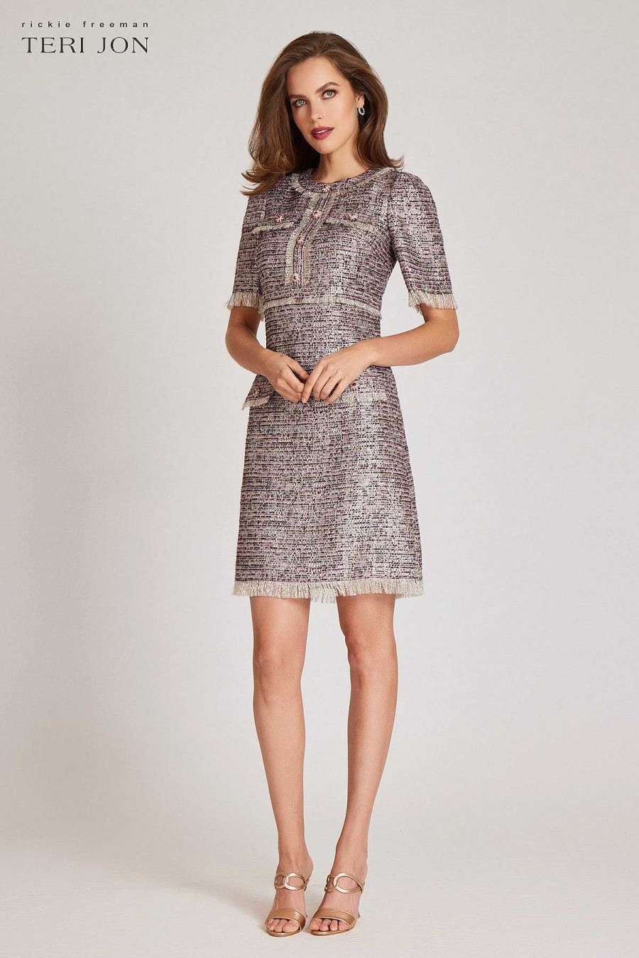 Clothing Teri Jon | Metallic Tweed Dress With Fringe Hem & Jewel Neck Pink Multi