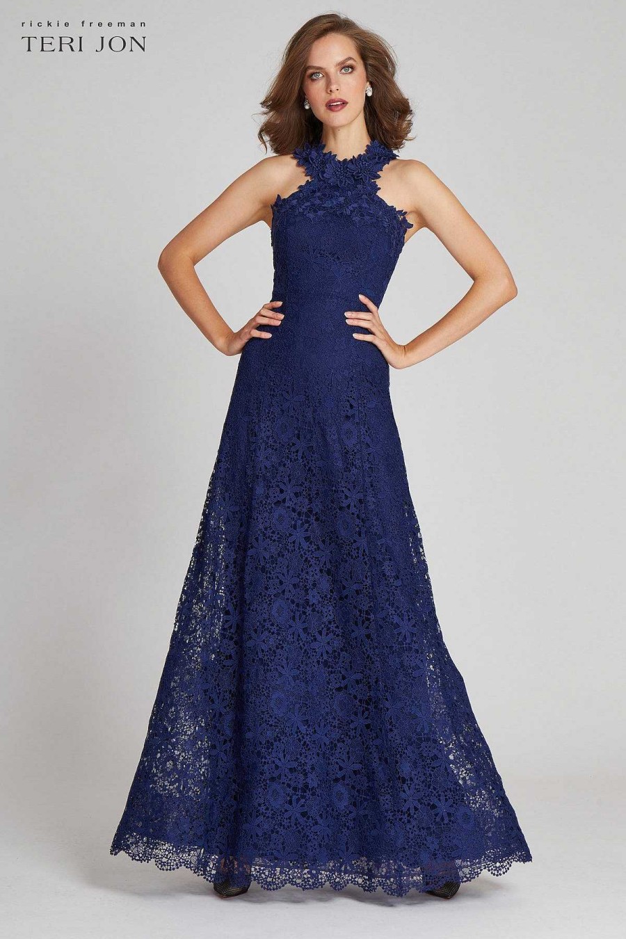 Clothing Teri Jon | Cut Away Halter 3D Flower Trim Fit N Flare Gown Navy