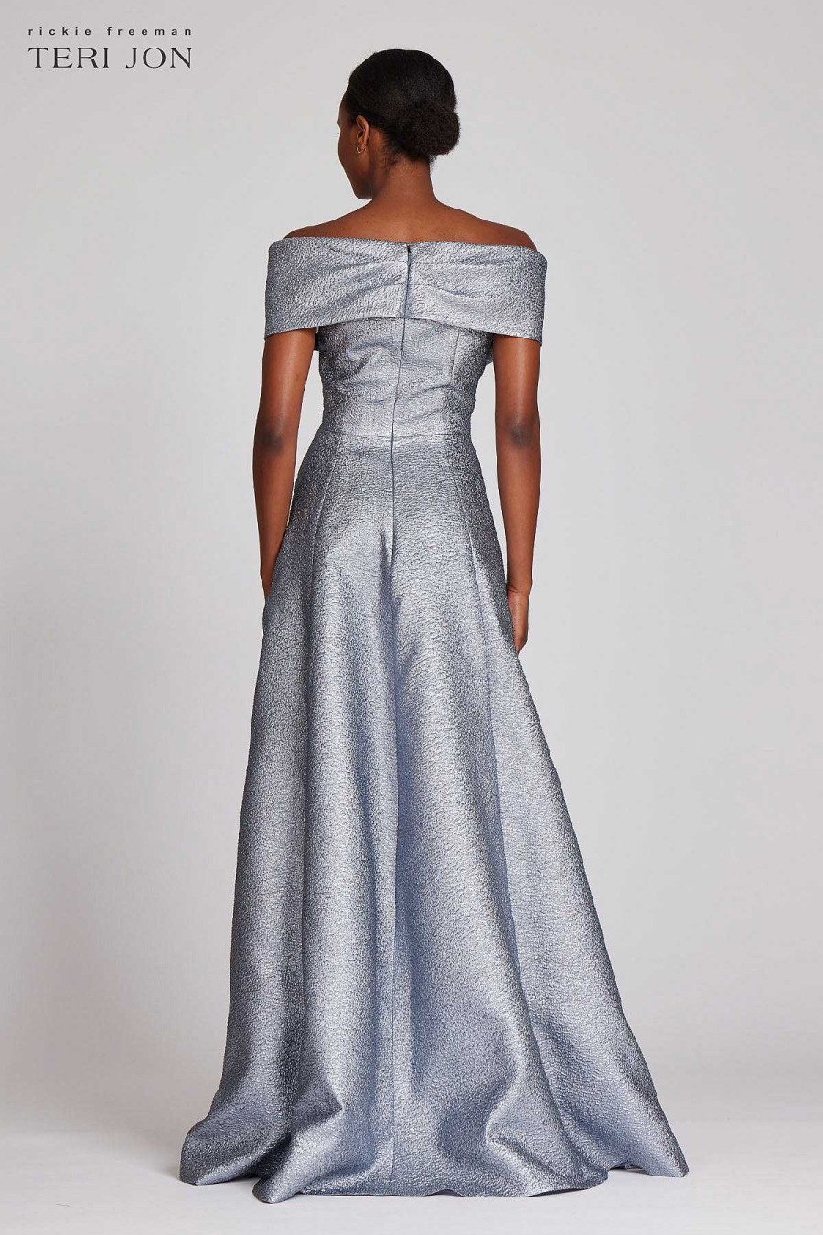 Clothing Teri Jon | Off The Shoulder Jacquard Gown Platinum