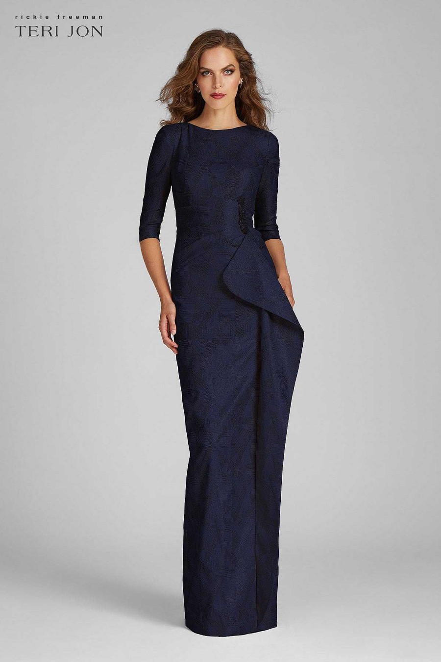 Clothing Teri Jon | Waist Bead Trim Cascade Drape Column Gown