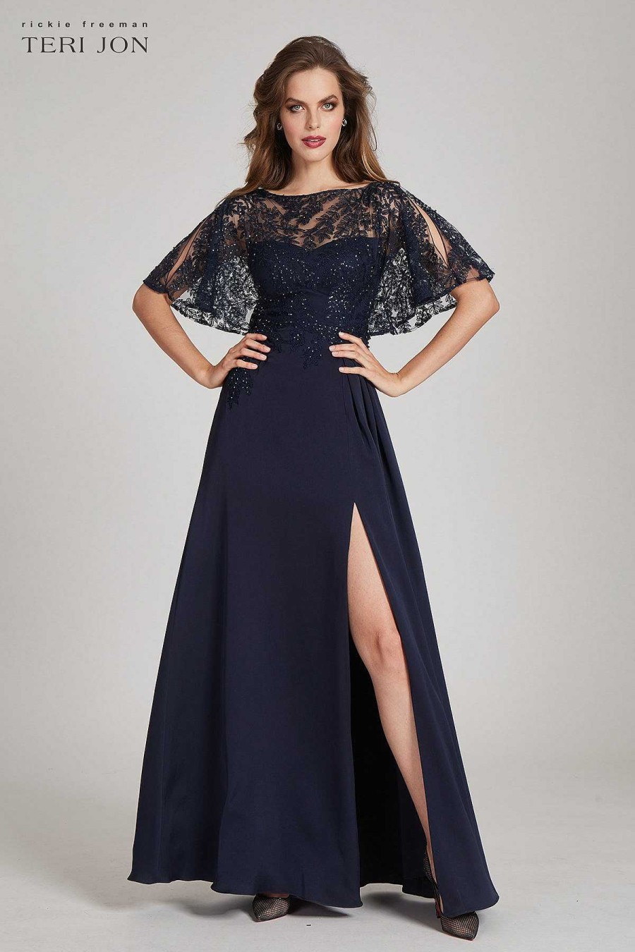 Clothing Teri Jon | Crepe Gown With Sheer Sequin Bodice Navy