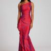 Clothing Teri Jon | Jacquard One Shoulder Ruched Side Peplum Print Gown Fuchsia/Red