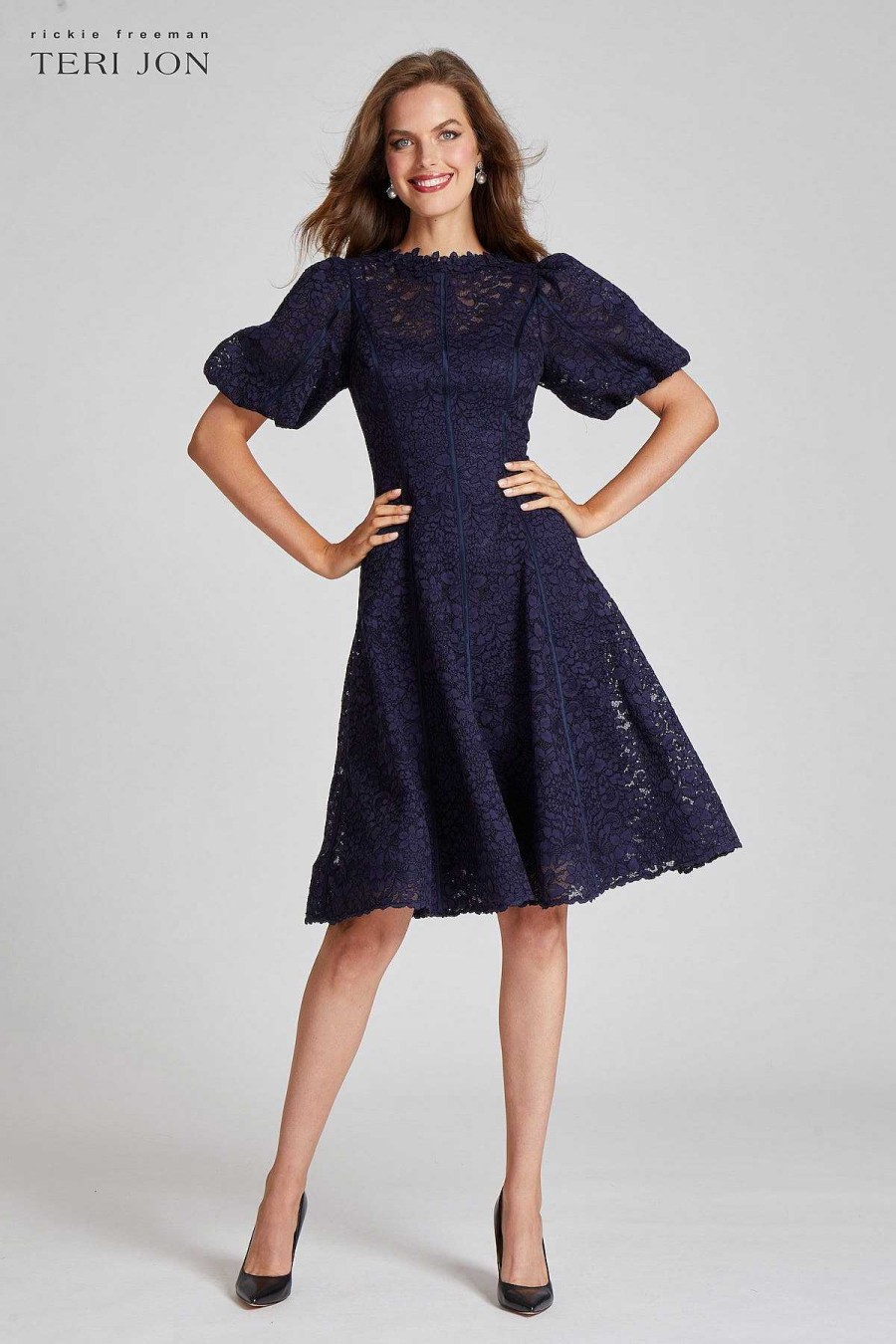 Clothing Teri Jon | Embroided Lace Fit N Flare Puff Sleeve Dress