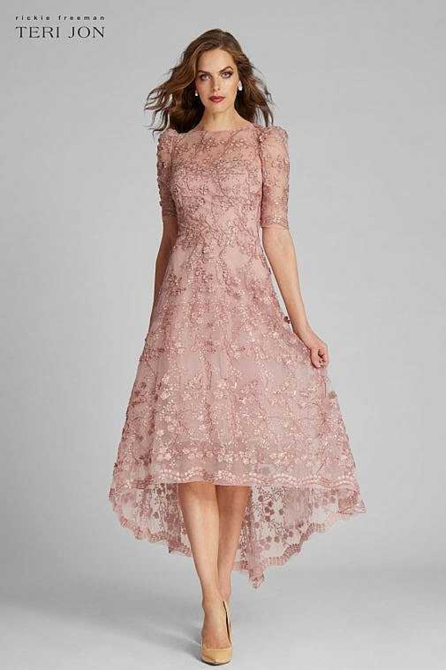 Clothing Teri Jon | Lace Short Sleeve High Low Dress