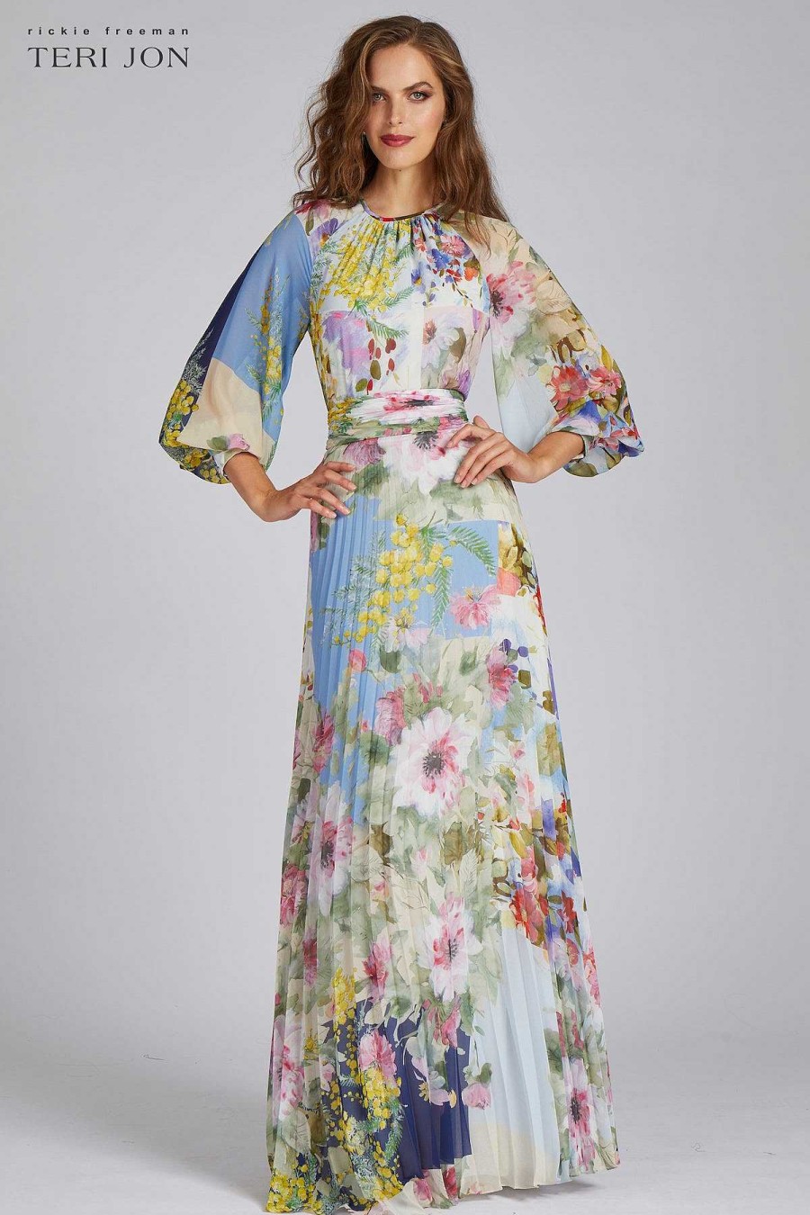 Clothing Teri Jon | Patchwork Print Pleated Chiffon Maxi Gown Multi