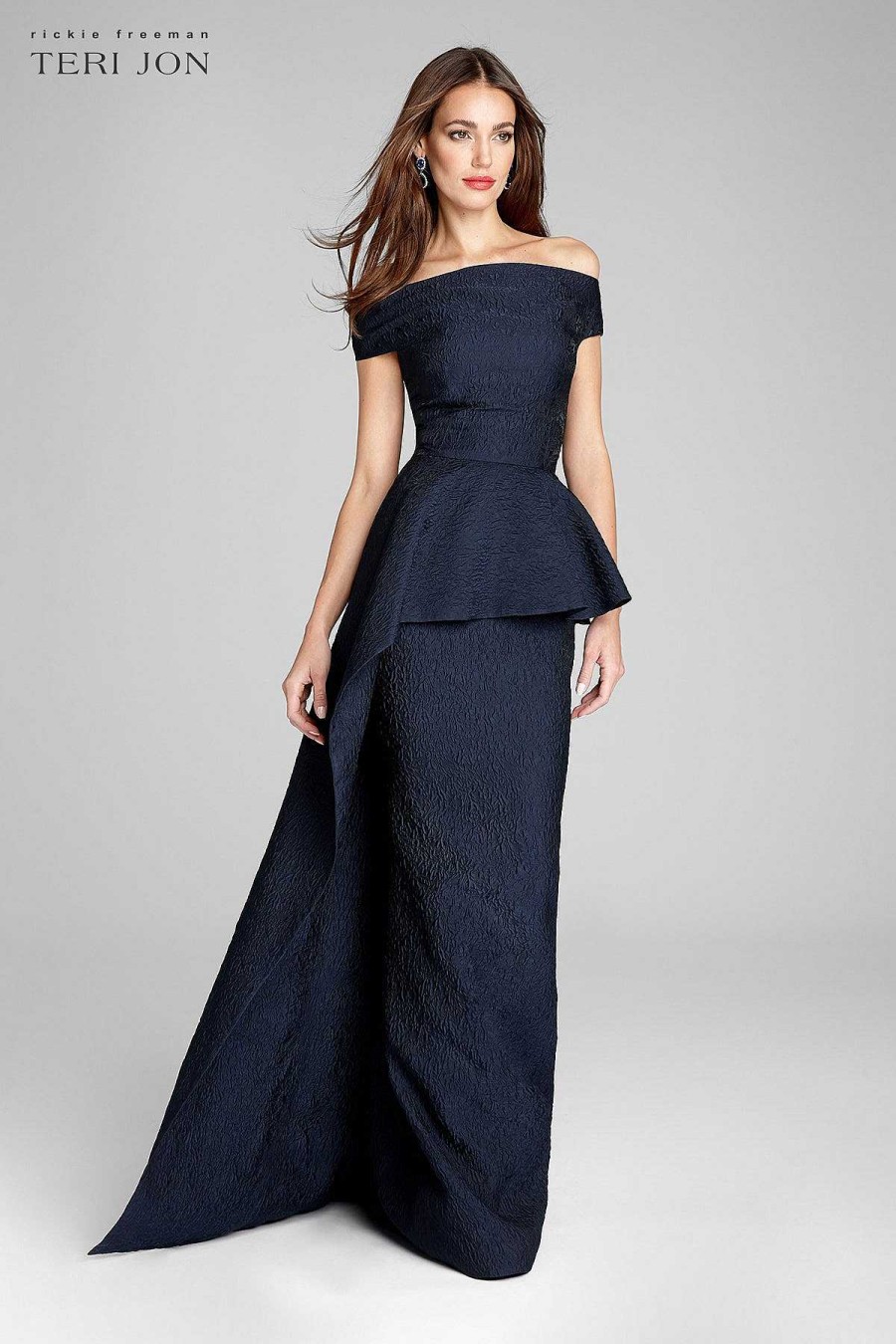 Clothing Teri Jon | Jacquard Off Shoulder Side Drape Overlay Gown