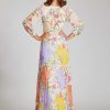 Clothing Teri Jon | Chiffon Patcwork Floral Print Pleated Maxi Dress Ivory Multi