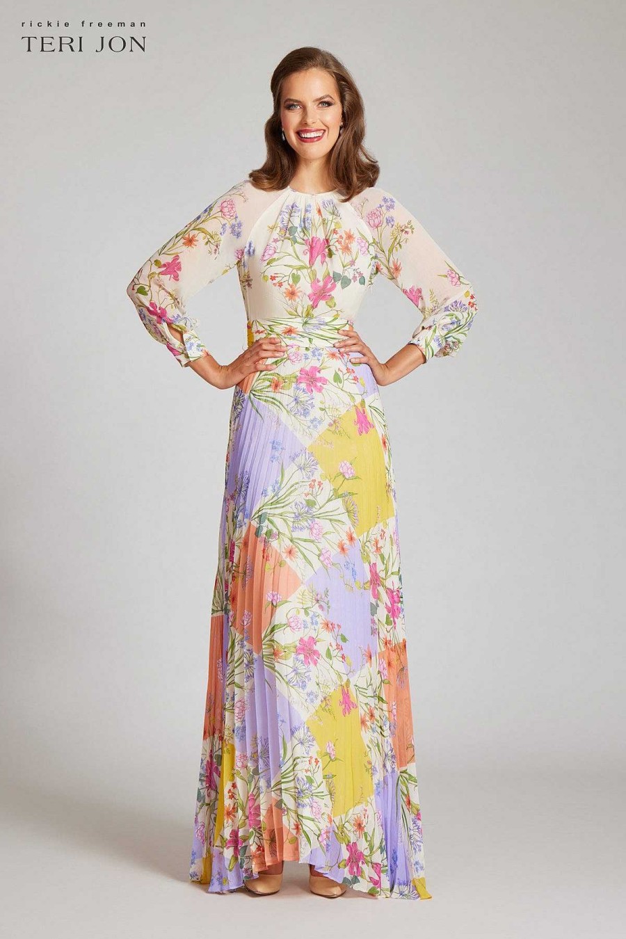 Clothing Teri Jon | Chiffon Patcwork Floral Print Pleated Maxi Dress Ivory Multi