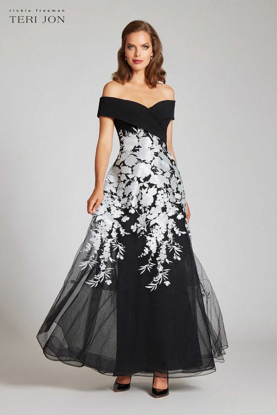 Clothing Teri Jon | Crepe Off The Shoulder Floral Embroidered Gown Black Silver