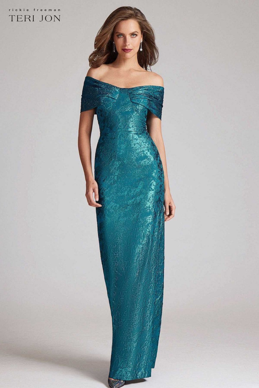 Clothing Teri Jon | Off Shoulder Metallic Jacquard Pleat Bust Gown Teal