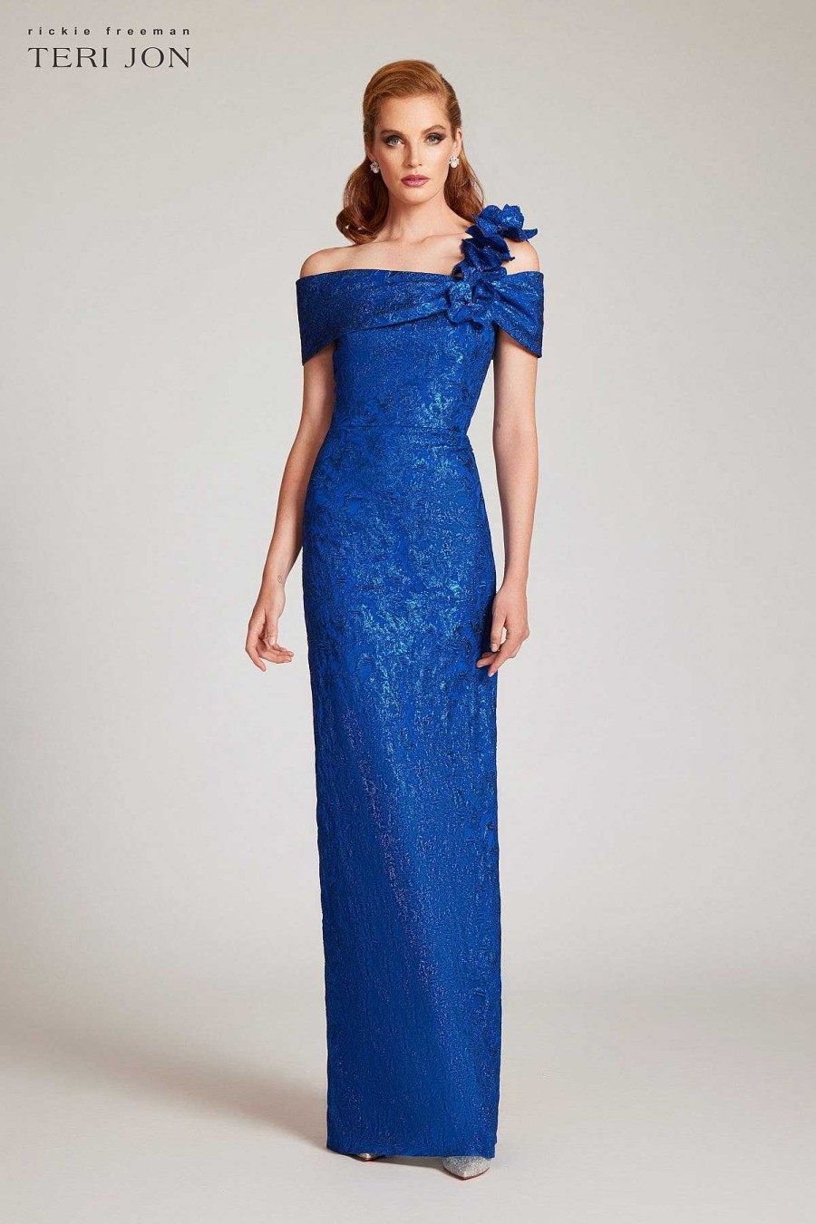 Clothing Teri Jon | One Shoulder Metallic Jacquard Column Gown Cobalt