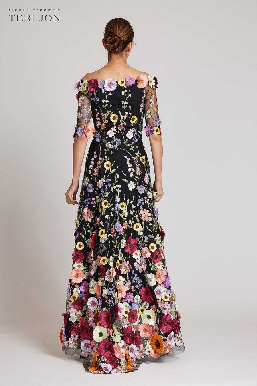 Clothing Teri Jon | Off The Shoulder Elbow Sleeve Floral Appliqued Gown Black Multi