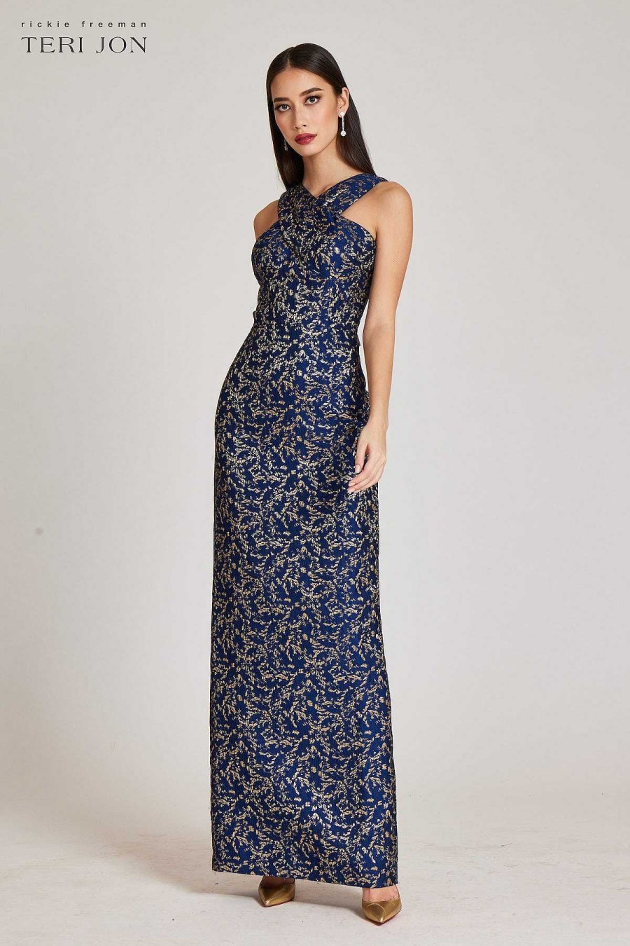 Clothing Teri Jon | Jacquard Column Gown Navy Gold