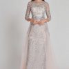 Clothing Teri Jon | Long Sleeve Beaded Tulle With Tulle Overskirt Blush Multi