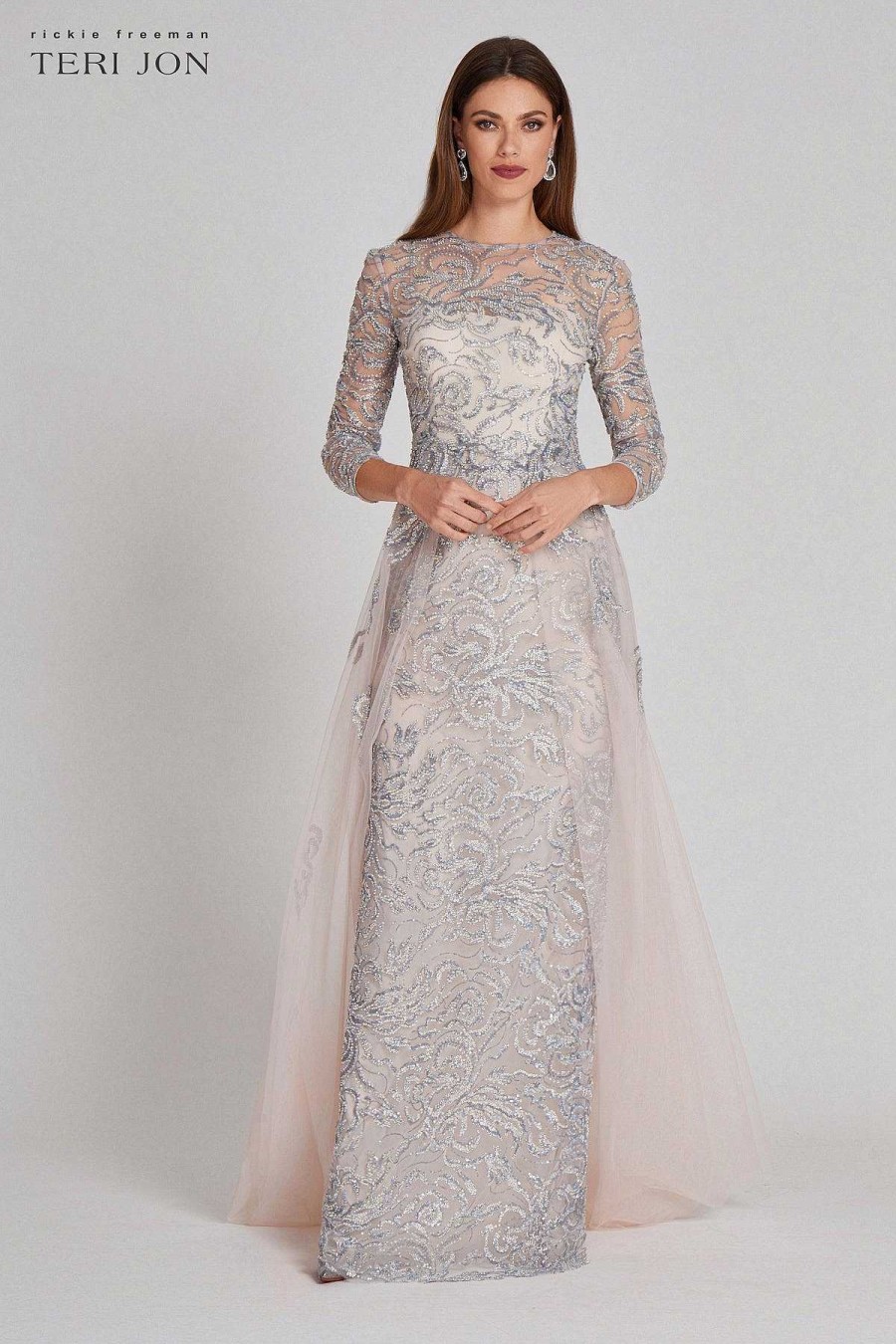 Clothing Teri Jon | Long Sleeve Beaded Tulle With Tulle Overskirt Blush Multi