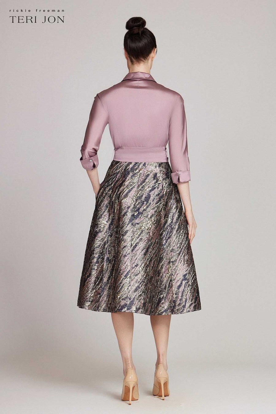 Clothing Teri Jon | Taffeta Shirt Dress With Metallic Jacquard Fabric Mauve Multi