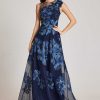 Clothing Teri Jon | Floral Embroidered Tulle Gown With 3D Flower Sapphire Multi