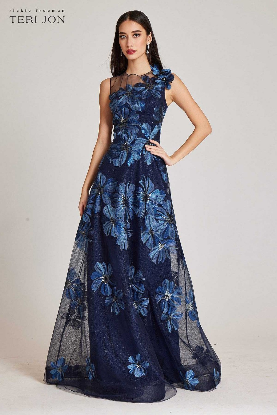 Clothing Teri Jon | Floral Embroidered Tulle Gown With 3D Flower Sapphire Multi