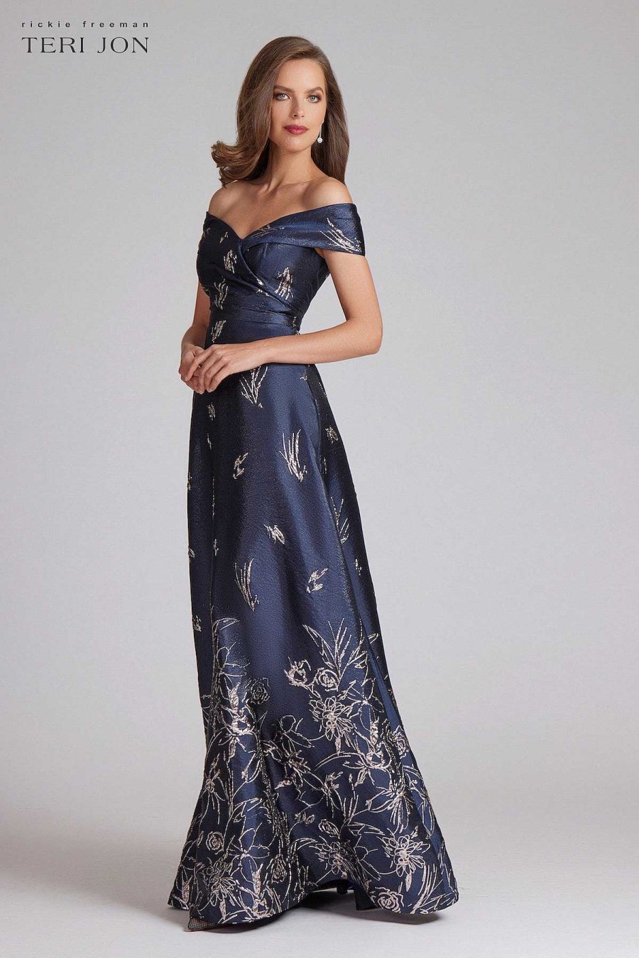 Clothing Teri Jon | Off Shoulder Metallic Border Pattern Gown Navy/Gold