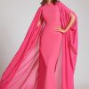 Clothing Teri Jon | Crepe Column With Chiffon Overlay Cape Gown Watermelon