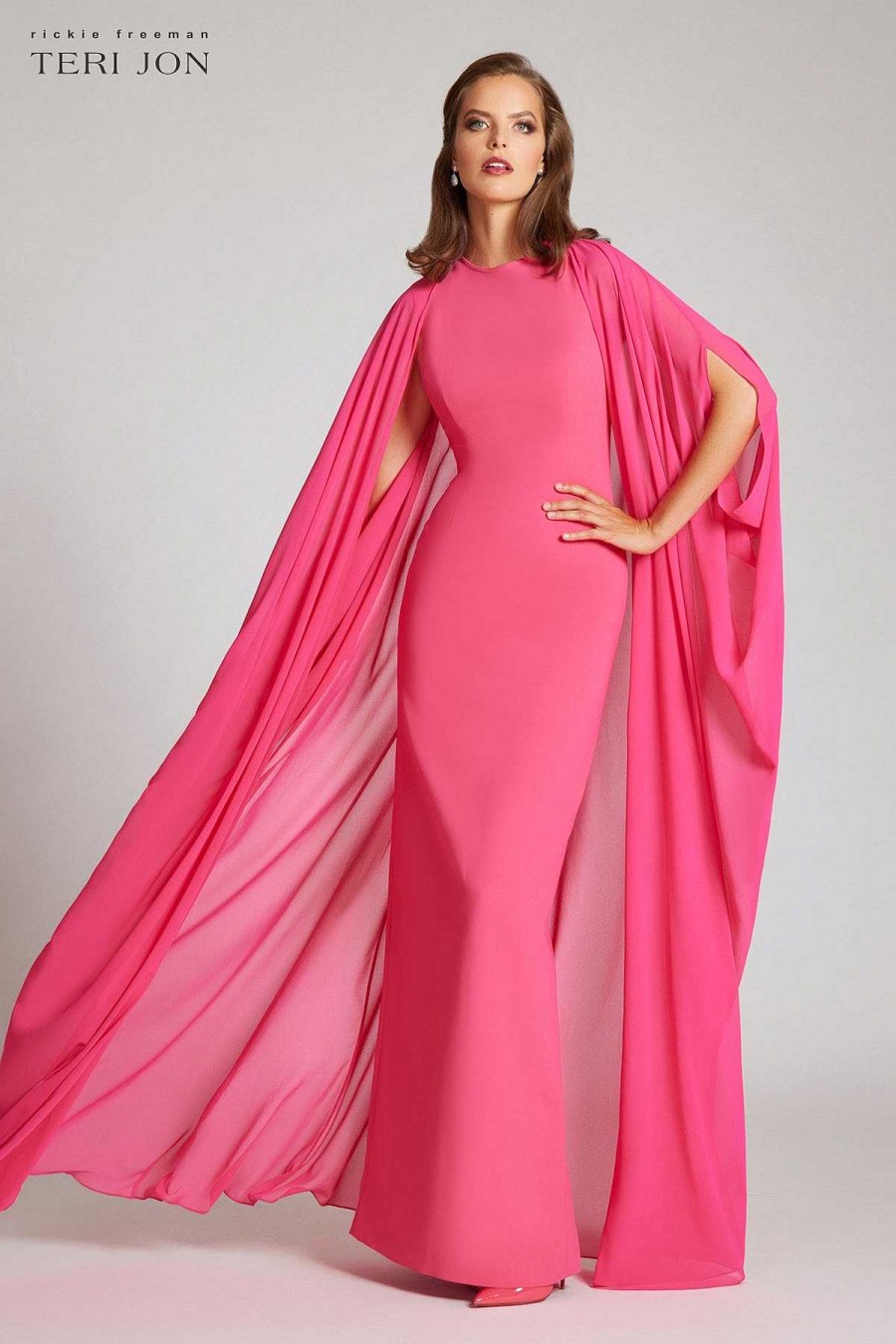 Clothing Teri Jon | Crepe Column With Chiffon Overlay Cape Gown Watermelon