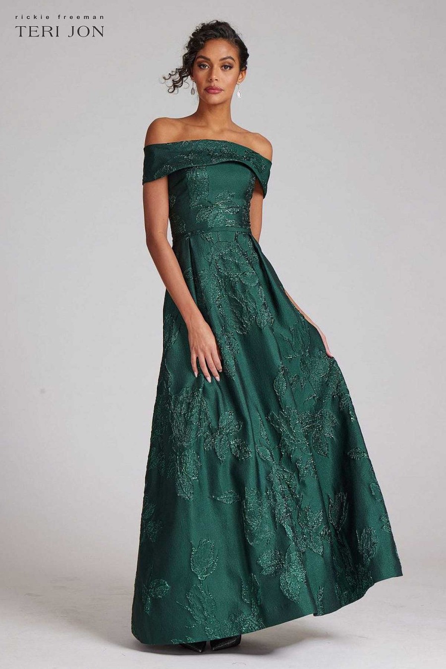 Clothing Teri Jon | Off Shoulder A Line With Side Pleat Metallic Gown