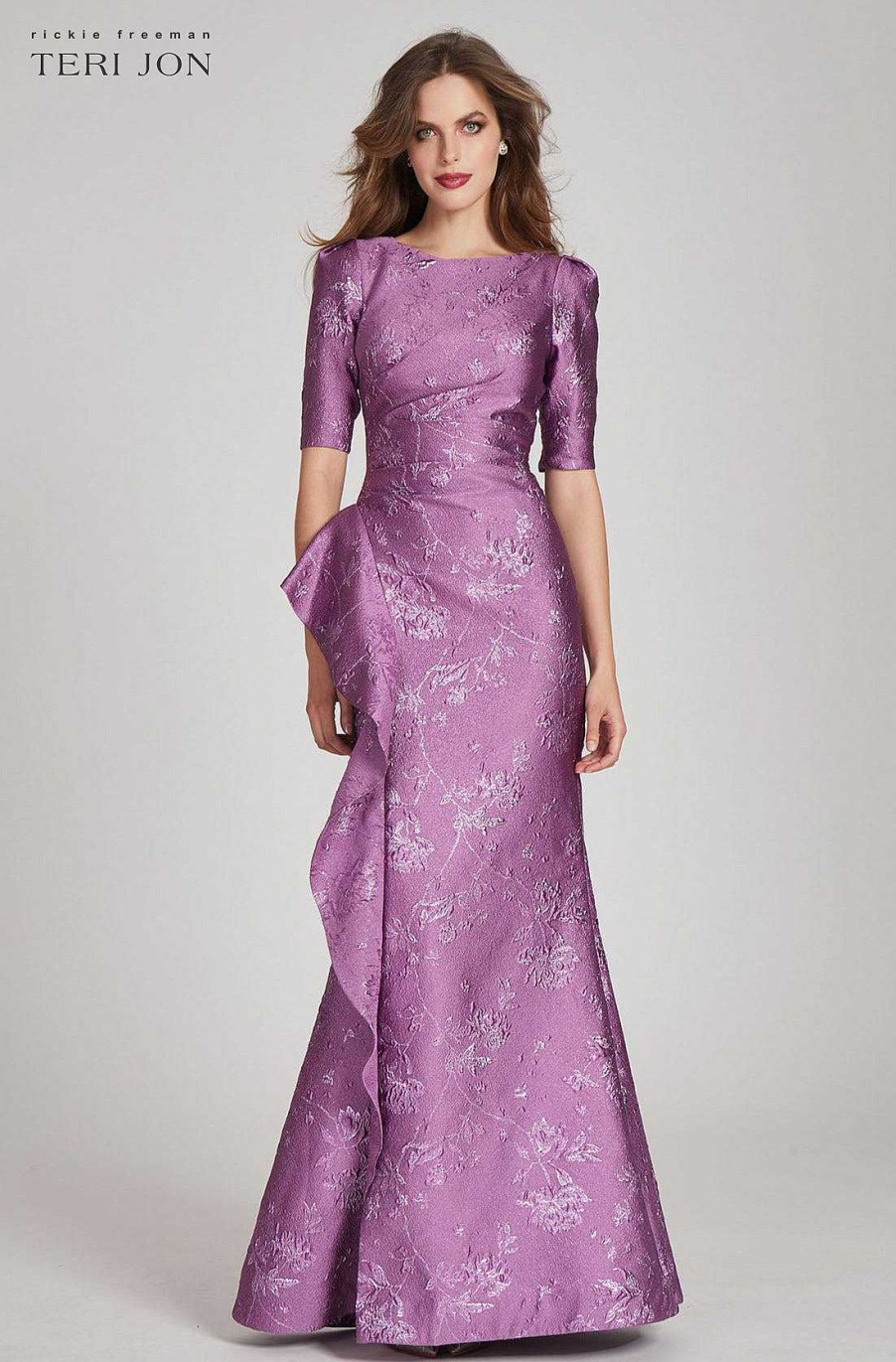 Clothing Teri Jon | Jacquard Gown With Cascade Navy