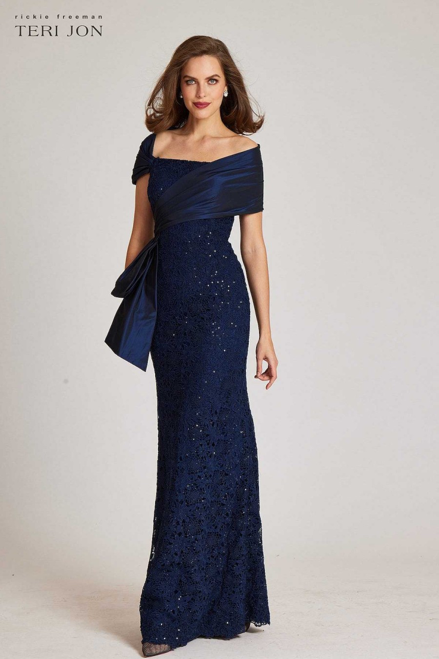 Clothing Teri Jon | Sequin Lace Gown With Taffeta Wrapped Shawl Navy